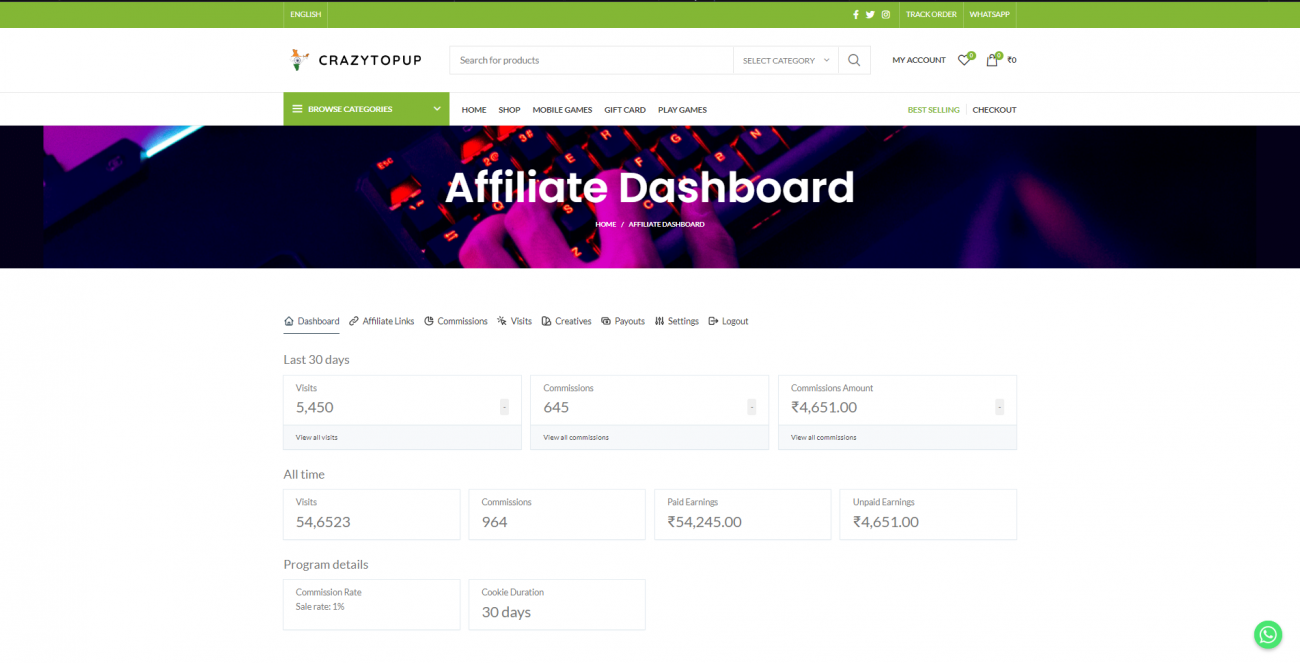 Affiliate Dashboard of CrazyTopup