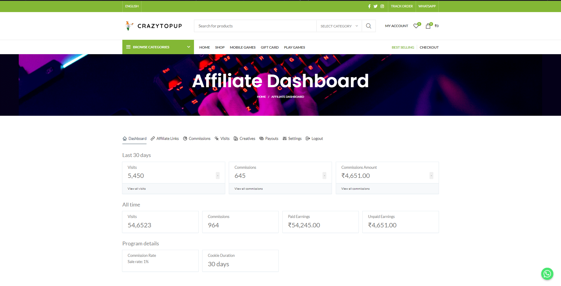 Affiliate Dashboard of CrazyTopup